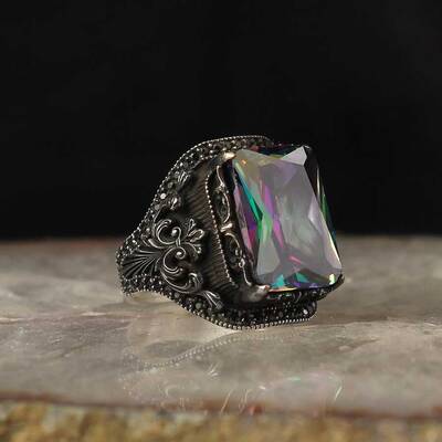 925 Sterling Silver Men's Ring with Mystic Topaz Stone - 1