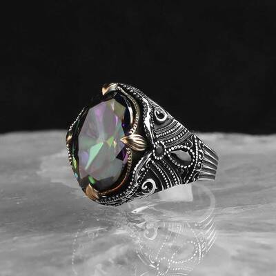 925 Sterling Silver Men's Ring with Mystic Topaz Stone - 1