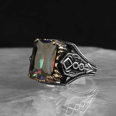 925 Sterling Silver Men's Ring with Mystic Topaz Stone - 1