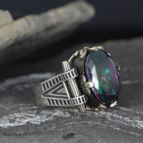 925 Sterling Silver Men's Ring with Mystic Topaz Stone - 1