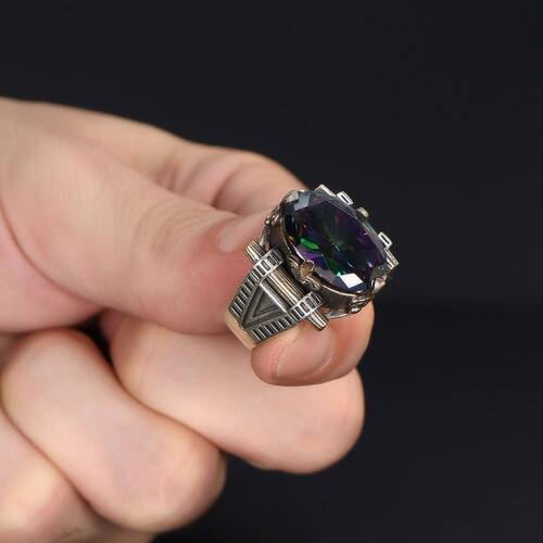 925 Sterling Silver Men's Ring with Mystic Topaz Stone - 2