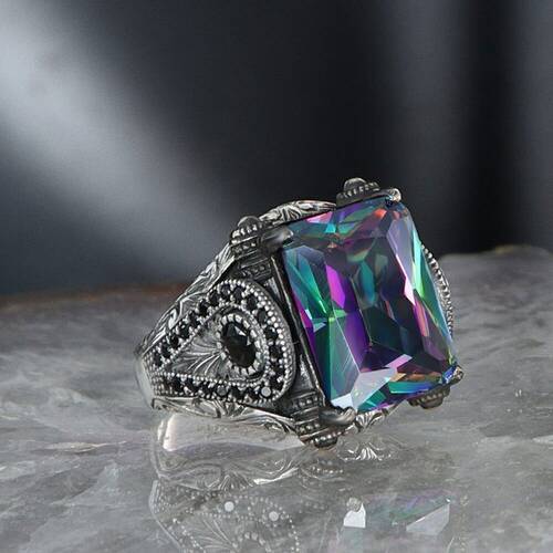 925 Sterling Silver Men's Ring with Mystic Topaz Stone - 2