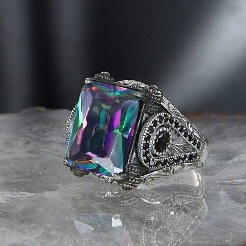 925 Sterling Silver Men's Ring with Mystic Topaz Stone - 3