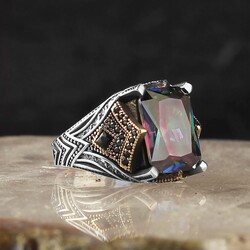 925 Sterling Silver Men's Ring with Mystic Topaz Stone - 2