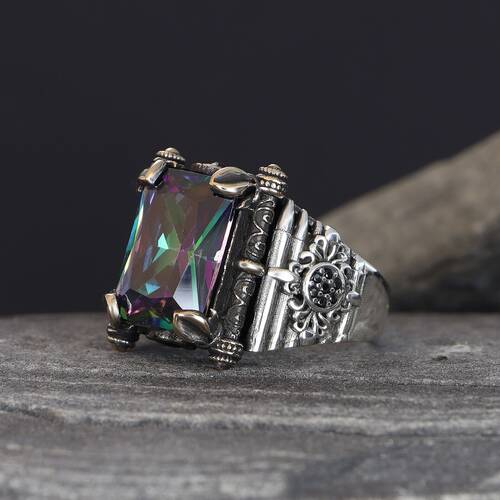 925 Sterling Silver Men's Ring with Mystic Topaz Stone - 2