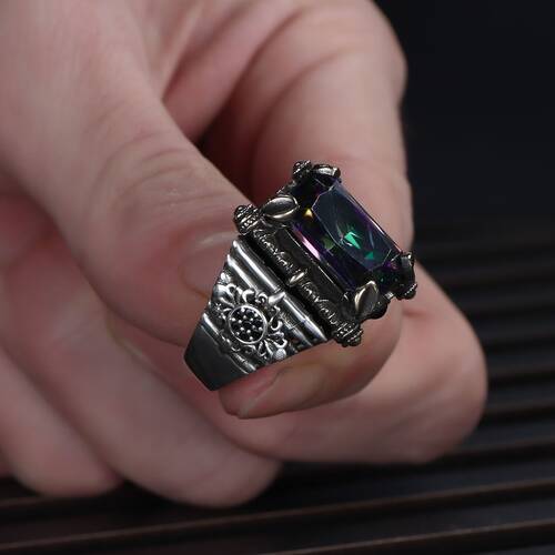 925 Sterling Silver Men's Ring with Mystic Topaz Stone - 3