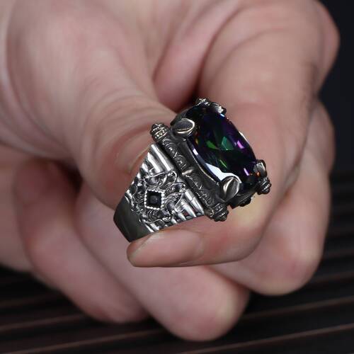 925 Sterling Silver Men's Ring with Mystic Topaz Stone - 3