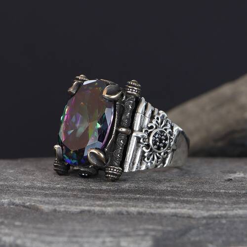 925 Sterling Silver Men's Ring with Mystic Topaz Stone - 1