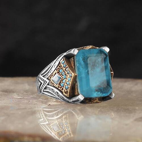 925 Sterling Silver Men's Ring with Paraiba Stone - 1