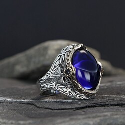 925 Sterling Silver Men's Ring with Parliament Blue Zircon Stone - 1