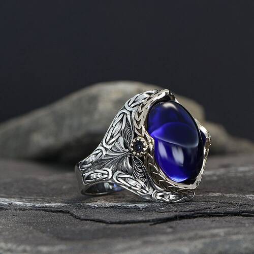 925 Sterling Silver Men's Ring with Parliament Blue Zircon Stone - 1