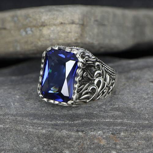 925 Sterling Silver Men's Ring with Parliament Blue Zircon Stone - 2