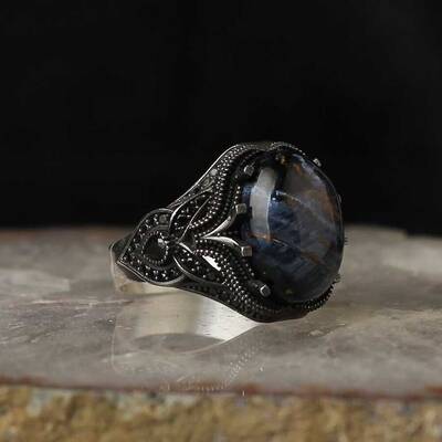 925 Sterling Silver Men's Ring with Pietersite Stone - 1