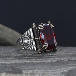 925 Sterling Silver Men's Ring with Red Zircon Stone - 1