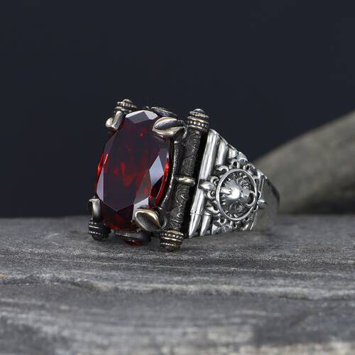 925 Sterling Silver Men's Ring with Red Zircon Stone - 2