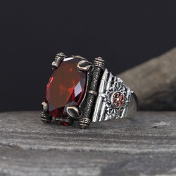 925 Sterling Silver Men's Ring with Red Zircon Stone - 1