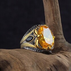 925 Sterling Silver Men's Ring with Rhodium Plated Citrine Stone - 1