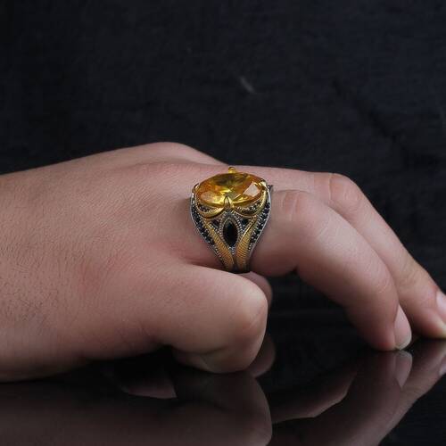 925 Sterling Silver Men's Ring with Rhodium Plated Citrine Stone - 2