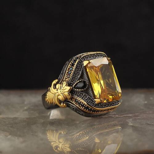 925 Sterling Silver Men's Ring with Rhodium Plated Citrine Stone - 1