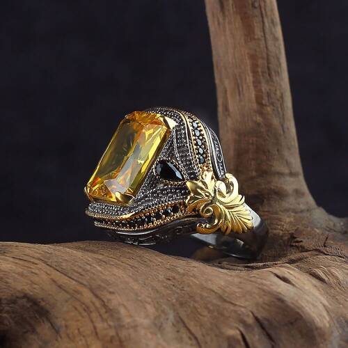 925 Sterling Silver Men's Ring with Rhodium Plated Citrine Stone - 2