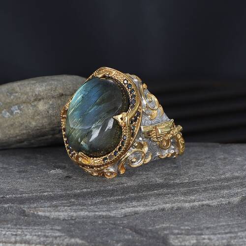 925 Sterling Silver Men's Ring with Rhodium Plated Labradorite Stone - 1