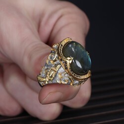 925 Sterling Silver Men's Ring with Rhodium Plated Labradorite Stone - 2