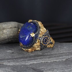 925 Sterling Silver Men's Ring with Rhodium Plated Lapis Lazuli Stone - 1