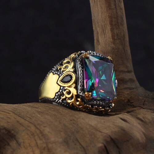 925 Sterling Silver Men's Ring with Rhodium Plated Mystic Topaz Stone - 2