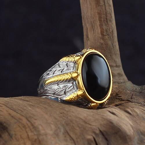 925 Sterling Silver Men's Ring with Rhodium Plated Onyx Stone - 1