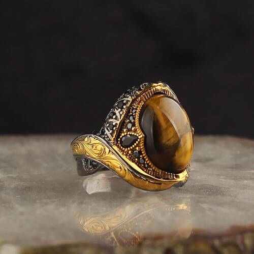 925 Sterling Silver Men's Ring with Rhodium Plated Tiger's Eye Stone - 1