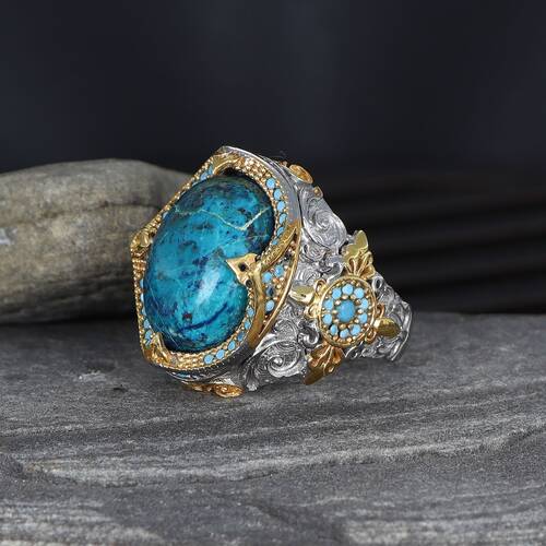 925 Sterling Silver Men's Ring with Rhodium Plated Turquoise Stone - 1