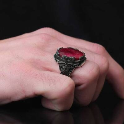 925 Sterling Silver Men's Ring with Ruby Stone - 3