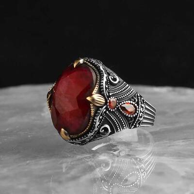 925 Sterling Silver Men's Ring with Ruby Stone - 1