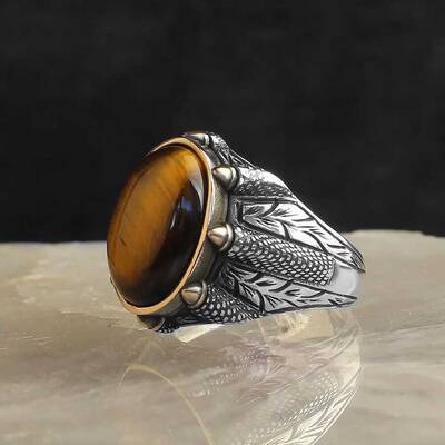 925 Sterling Silver Men's Ring with Tiger Eye Stone - 1