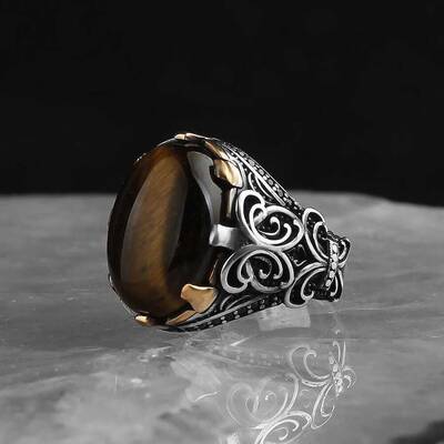 925 Sterling Silver Men's Ring with Tiger Eye Stone - 1