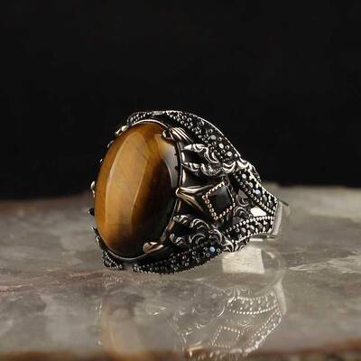 925 Sterling Silver Men's Ring with Tiger Eye Stone - 2