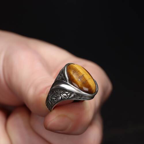 925 Sterling Silver Men's Ring with Tiger Eye Stone - 3