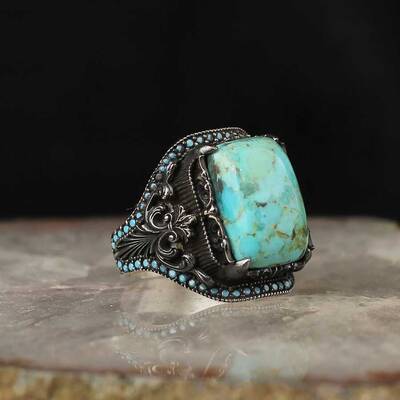 925 Sterling Silver Men's Ring with Turquoise Stone - 1