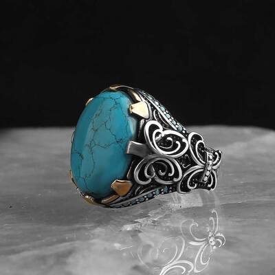 925 Sterling Silver Men's Ring with Turquoise Stone - 1