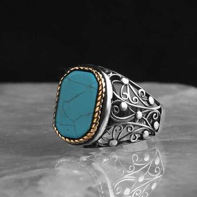 925 Sterling Silver Men's Ring with Turquoise Stone - 1