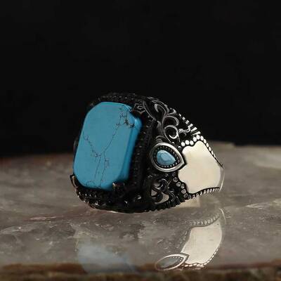 925 Sterling Silver Men's Ring with Turquoise Stone - 1