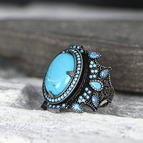 925 Sterling Silver Men's Ring with Turquoise Stone - 1