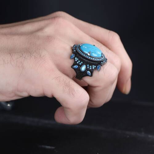 925 Sterling Silver Men's Ring with Turquoise Stone - 3