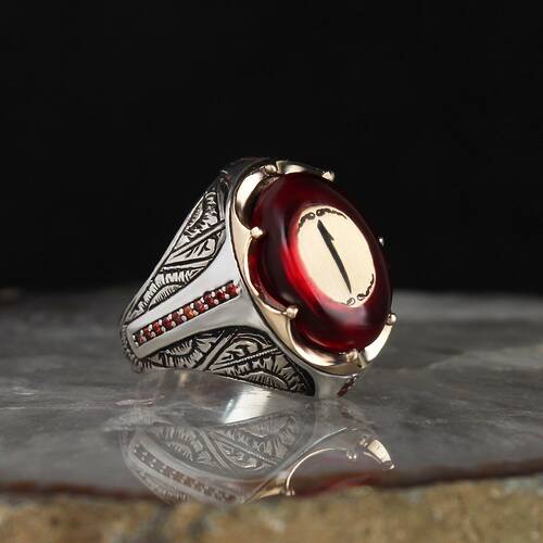 925 Sterling Silver Ring with Elif Letter and Amber Stone - 1