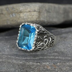 Aqua Marin 925 Sterling Silver Men's Ring - 2