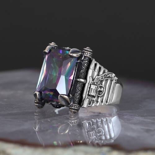 Armed Model 925 Sterling Silver Men's Ring with Mystic Topaz Stone - 2