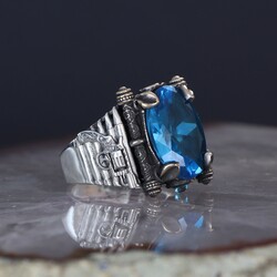 Armed Model Aqua Marine Stone 925 Sterling Silver Men's Ring - 1