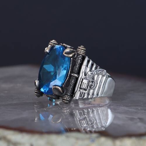 Armed Model Aqua Marine Stone 925 Sterling Silver Men's Ring - 2