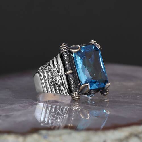 Armed Model Blue Topaz Stone 925 Sterling Silver Men's Ring - 1