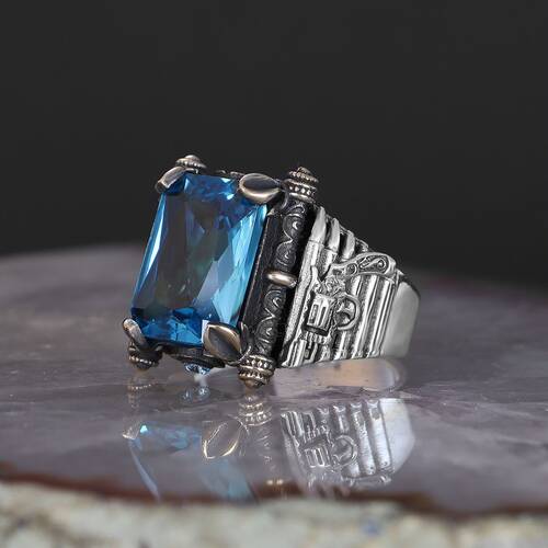 Armed Model Blue Topaz Stone 925 Sterling Silver Men's Ring - 2